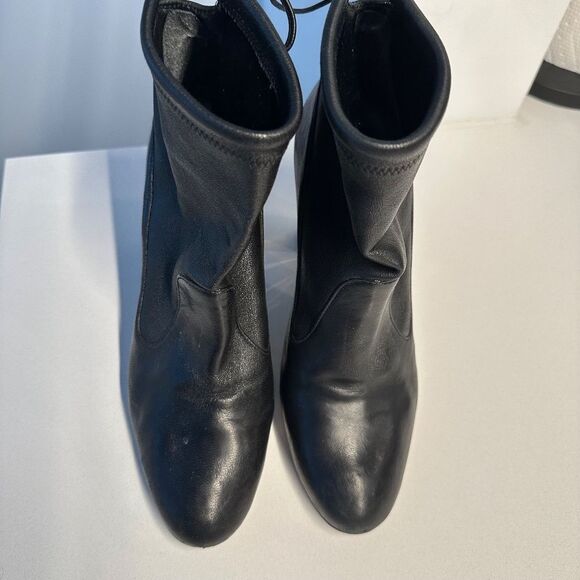 Stuart Weitzman Black Leather Ankle Booties with Lucite & Gold Block Heel Size 9 - Picture 8 of 14